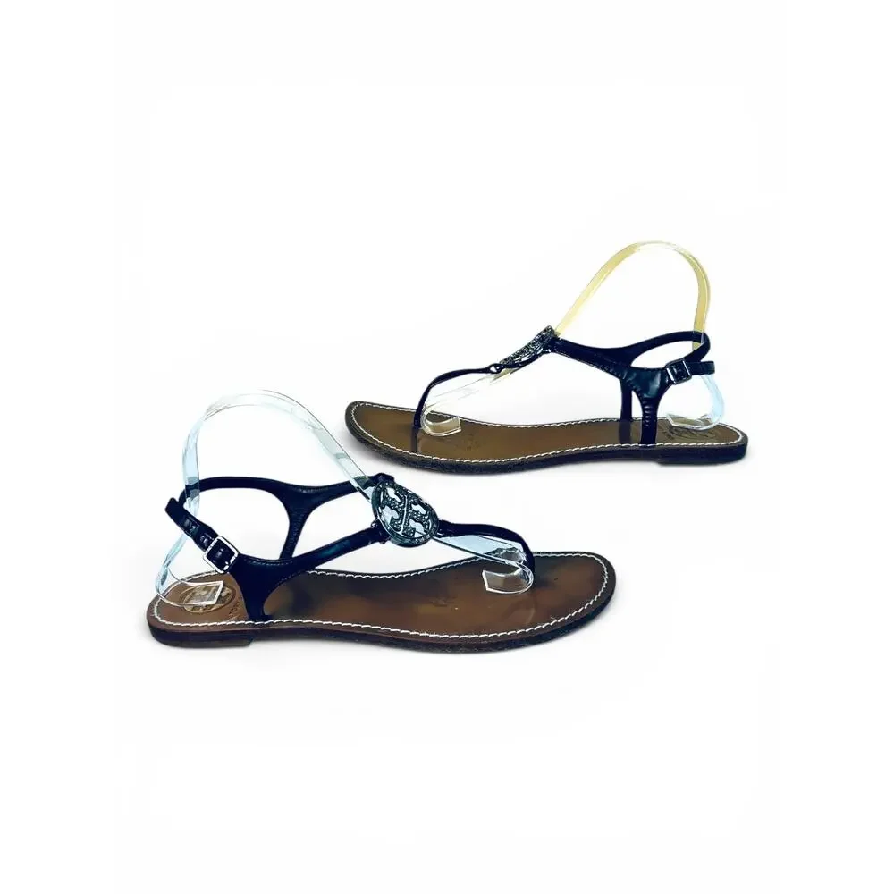 Tory Burch Violet Black Patent Rhinestone Logo Thong Sandals Size 10
